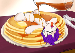 Size: 4631x3273 | Tagged: safe, artist:kyokimute, oc, oc only, oc:kyoponi, unicorn, ear piercing, food, i'm pancake, lying down, micro, not rarity, open mouth, pancakes, piercing, ponies in food, pouring, small pony, syrup, tongue out, warm, warmth