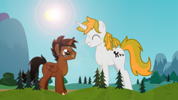 Size: 8000x4500 | Tagged: safe, artist:shrunken-littlebro12, edit, oc, oc:braveheart, oc:gentlesteps, alicorn, pony, unicorn, absurd resolution, alicorn oc, giant pony, giants, macro, macro/micro, male, stallion, vector