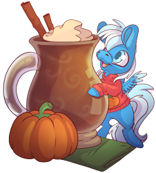 Size: 5093x5642 | Tagged: safe, artist:cutepencilcase, oc, oc only, oc:bluebreeze, pegasus, pony, absurd resolution, commission, male, micro, mug, pumpkin, solo, stallion, ych result