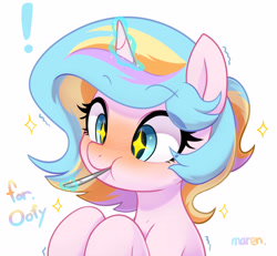 Size: 3688x3401 | Tagged: safe, artist:maren, derpibooru import, oc, oc only, oc:oofy colorful, pony, unicorn, blushing, eating, female, magic, mare, simple background, solo, sparkles, spoon, starry eyes, telekinesis, white background, wingding eyes