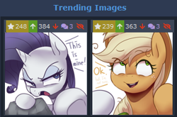 Size: 322x213 | Tagged: safe, artist:maren, derpibooru import, applejack, mean applejack, mean rarity, rarity, earth pony, pony, unicorn, the mean 6, clone, derpibooru, juxtaposition, juxtaposition win, meme, meta