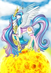 Size: 1280x1841 | Tagged: safe, artist:siberwar, princess celestia, alicorn, pony, clothes, corset, female, high heels, horn jewelry, jewelry, lingerie, necklace, shoes, solo, stockings, sun, tangible heavenly object