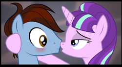 Size: 1245x690 | Tagged: safe, artist:culu-bluebeaver, starlight glimmer, oc, oc:bluehooves, earth pony, pony, unicorn, comic:the newcomer, arm behind head, blushing, canon x oc, female, glimmooves, holding head, hoof on head, imminent kissing, kissing, male, open mouth, s5 starlight, stallion