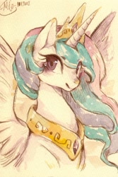 Size: 502x753 | Tagged: safe, artist:mi-eau, princess celestia, alicorn, pony, crown, female, horn, mare, solo