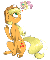 Size: 1280x1522 | Tagged: safe, artist:heeeeresizzy, applejack, fluttershy, earth pony, pegasus, pony, appleshy, blushing, cutie mark, female, heart, lesbian, mare, micro, shipping, simple background, sitting, transparent background