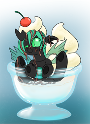 Size: 1000x1364 | Tagged: safe, artist:dudey64, oc, oc:speculo, changeling, pony, chocolate syrup, cup, cup of pony, food, green changeling, ice cream, micro, ponies in food, solo, this will end in yeast infection
