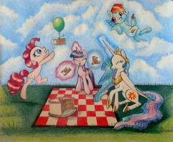 Size: 1024x842 | Tagged: safe, artist:snakehands, pinkie pie, princess celestia, rainbow dash, twilight sparkle, alicorn, earth pony, pegasus, pony, balloon, cake, cakelestia, picnic