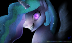 Size: 1200x720 | Tagged: safe, artist:liara-chan, princess celestia, alicorn, pony, evil grin, glowing eyes, looking at you, princess molestia, rapeface, solo