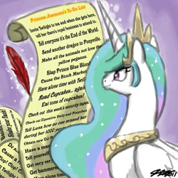 Size: 900x900 | Tagged: safe, artist:johnjoseco, princess celestia, alicorn, pony, list, scroll, solo, trollestia