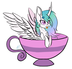 Size: 2308x2210 | Tagged: safe, artist:donnie-moon, princess celestia, alicorn, pony, beanbrows, chest fluff, colored pupils, cup, cup of pony, curved horn, cute, cutelestia, eyebrows, female, horn, mare, micro, simple background, solo, teacup, tiny, tiny ponies, tongue out, transparent background