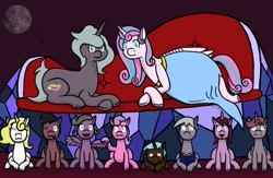 Size: 1011x660 | Tagged: safe, artist:wyntermoon, princess flurry heart, oc, oc:shimmering glow, alicorn, earth pony, pegasus, pony, unicorn, alicorn oc, belly, book, colt, couple, family, family photo, female, flurryglow, foal, impossibly large belly, male, mama flurry, mare, multiple pregnancy, octuplets, offspring, offspring's offspring, older, older flurry heart, parent:king sombra, parent:oc:shimmering glow, parent:princess flurry heart, parent:radiant hope, parents:canon x oc, parents:hopebra, pregnant, reading, request, shipping, sitting, smiling, sofa, stallion, straight, tongue out