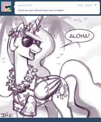 Size: 600x721 | Tagged: safe, artist:johnjoseco, princess celestia, alicorn, pony, ask, ask princess molestia, comic, hawaii, lei, princess molestia, sunglasses, tumblr