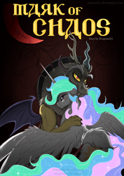 Size: 850x1202 | Tagged: safe, artist:stepandy, discord, princess celestia, alicorn, pony, comic:mark of chaos, comic, cover, dark, dislestia, female, glow, long mane, male, shipping, straight