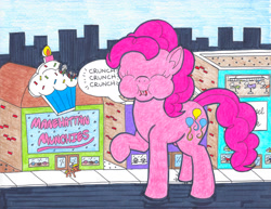 Size: 2196x1694 | Tagged: safe, artist:jamestkelley, pinkie pie, earth pony, pony, alleyway, angry, baker, bakery, bite mark, boutique, city, cityscape, cupcake, eating, electricity, food, giant pony, macro, manehattan, sparks, store display