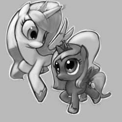 Size: 700x700 | Tagged: safe, artist:saurabhinator, princess celestia, princess luna, alicorn, pony, filly, grayscale, monochrome, sisters, woona