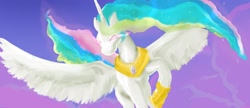 Size: 3000x1300 | Tagged: safe, artist:mylittlegodzilla, princess celestia, alicorn, pony, female, flying, horn, mare, multicolored mane, solo, white coat