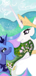 Size: 600x1259 | Tagged: safe, artist:chouwakaze, artist:lotusmist, princess celestia, princess luna, alicorn, pony, s1 luna