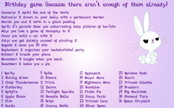 Size: 800x500 | Tagged: safe, angel bunny, apple bloom, applejack, big macintosh, braeburn, chief thunderhooves, diamond tiara, discord, fancypants, flim, fluttershy, granny smith, mayor mare, nightmare moon, pinkie pie, princess celestia, princess luna, queen chrysalis, rainbow dash, rarity, scootaloo, shining armor, silver spoon, snails, snips, soarin', spike, spitfire, sweetie belle, trixie, twilight sparkle, zecora, changeling, changeling queen, birthday game, exploitable meme, meme, text