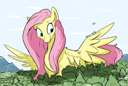 Size: 720x487 | Tagged: safe, artist:greyscaleart, artist:taurson, fluttershy, bird, pegasus, pony, collaboration, female, forest, giant pony, looking at something, looking down, looking sideways, macro, mare, sky, smiling, spread wings, three quarter view, tree, wings