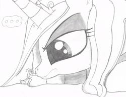 Size: 2200x1700 | Tagged: safe, artist:tenebrousmelancholy, princess cadance, shining armor, alicorn, pony, unicorn, disappointed, macro, micro, scared, shrunk, traditional art