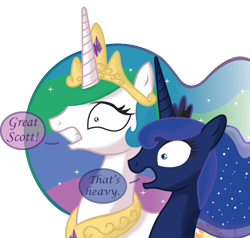 Size: 610x580 | Tagged: safe, artist:inkrose98, princess celestia, princess luna, alicorn, pony, back to the future, great scott, simple background