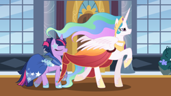 Size: 7680x4320 | Tagged: safe, artist:buttercupsaiyan, artist:mamandil, princess celestia, twilight sparkle, alicorn, pony, unicorn, the best night ever, absurd resolution, clothes, colored, dress, eyes closed, female, gala dress, lesbian, mouth hold, shipping, twilestia