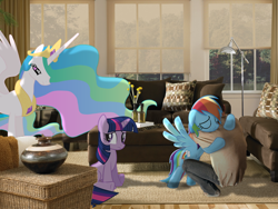 Size: 1118x842 | Tagged: safe, artist:destructodash, princess celestia, rainbow dash, twilight sparkle, human, pony, fanfic:my little dashie, floppy ears, hug, irl, photo, ponies in real life, sad, vector