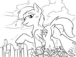 Size: 1600x1200 | Tagged: safe, artist:ravistdash, oc, oc:thunder hooves, pegasus, pony, black and white, building, crush fetish, crushing, destruction, dock, fetish, grayscale, helicopter, lineart, looking back, macro, monochrome, rear view, underhoof