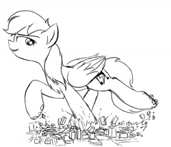 Size: 1280x1097 | Tagged: safe, artist:ravistdash, oc, oc only, oc:ravist, pegasus, pony, black and white, building, city, crush fetish, crushing, destruction, fetish, grayscale, macro, monochrome