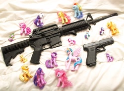 Size: 1986x1451 | Tagged: safe, applejack, pinkie pie, princess celestia, rainbow dash, rarity, spike, twilight sparkle, earth pony, pony, ar15, barely pony related, brushable, glock, gun, irl, photo, pistol, rifle, toy, weapon