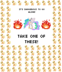 Size: 3408x3944 | Tagged: safe, applejack, princess celestia, alicorn, earth pony, pony, celestia's selections, desktop ponies, it's dangerous to go alone, jackletree, multeity, pixel art, reference, take this, the legend of zelda