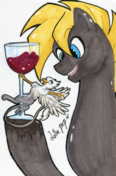 Size: 813x1234 | Tagged: safe, artist:kawaiilolliepop, oc, oc only, oc:der, oc:floofy, earth pony, griffon, pony, duo, glass, male, micro, pole dancing, stripper pole, traditional art, wine glass