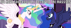 Size: 957x379 | Tagged: safe, princess celestia, princess luna, alicorn, pony, crown, female, horn, image macro, mare, siblings, sisters