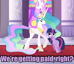 Size: 791x679 | Tagged: safe, edit, edited screencap, screencap, princess celestia, twilight sparkle, alicorn, pony, the return of harmony, cropped, duo, image macro, money, purple text