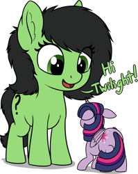 Size: 3102x3905 | Tagged: safe, artist:smoldix, twilight sparkle, twilight sparkle (alicorn), oc, oc:anon filly, alicorn, pony, female, filly, floppy ears, giant pony, looking down, macro, open mouth, simple background, size difference, transparent background