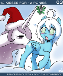 Size: 650x786 | Tagged: safe, artist:johnjoseco, princess celestia, oc, oc only, oc:echo the wonderbolt, alicorn, pony, ask princess molestia, bedroom eyes, blind, blushing, butt kiss, christmas, cloud, embarrassed, kissing, looking back, mistletoe, open mouth, princess molestia, raised hoof, sweat, wide eyes