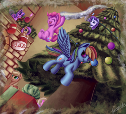 Size: 2200x2000 | Tagged: safe, artist:theunconsistentone, applejack, fluttershy, pinkie pie, rainbow dash, rarity, twilight sparkle, twilight sparkle (alicorn), alicorn, earth pony, pegasus, pony, unicorn, christmas, christmas lights, christmas presents, christmas tree, clothes, decorating, decoration, holiday, mane six, micro, present, socks, tiny, tiny ponies, tree