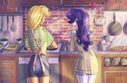 Size: 2300x1500 | Tagged: safe, artist:tcn1205, applejack, rarity, human, equestria girls, apron, blonde, clothes, cooking, cute, female, hatless, humanized, kitchen, lesbian, missing accessory, morning, pony coloring, rarijack, shipping, sweater