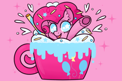 Size: 800x533 | Tagged: safe, artist:nelebratory, pinkie pie, earth pony, pony, abstract background, coffee cup, cup, cup of pony, looking at you, micro, pink background, smiling, solo, starry eyes, wingding eyes