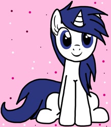 Size: 927x1063 | Tagged: artist needed, safe, oc, oc only, oc:mysza, pony, unicorn, blue eyes, blue mane, cute, female, horn, mare, ocbetes, simple background, sitting, solo, white fur