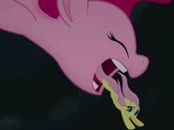 Size: 1079x801 | Tagged: safe, edit, edited screencap, screencap, fluttershy, pinkie pie, earth pony, pegasus, pony, my little pony: the movie, fetish, flutterprey, imminent vore, macro, micro, open mouth, pinkie pred, size difference, wat