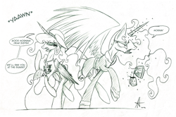 Size: 1500x996 | Tagged: safe, artist:ardas91, princess celestia, princess luna, alicorn, pony, coffee, monochrome, morning, morning ponies, sketch