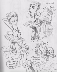 Size: 1274x1600 | Tagged: safe, artist:10307, fluttershy, princess celestia, alicorn, pegasus, pony, ballet, bipedal, clothes, costume, dancing, flutterina, monochrome, pixiv, princess molestia, tutu, vulgar