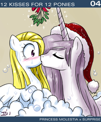 Size: 650x786 | Tagged: safe, artist:johnjoseco, princess celestia, surprise, alicorn, pony, g1, ask princess molestia, bath, blushing, christmas, female, g1 to g4, generation leap, kissing, lesbian, mistletoe, princess molestia, shipping, supriselestia, wet mane