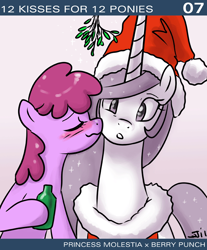 Size: 650x786 | Tagged: safe, artist:johnjoseco, berry punch, berryshine, princess celestia, alicorn, pony, ask princess molestia, berrestia, berrylestia, blushing, christmas, drunk, female, kissing, lesbian, mistletoe, princess molestia, shipping