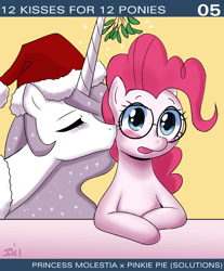 Size: 650x786 | Tagged: safe, artist:johnjoseco, pinkie pie, princess celestia, alicorn, earth pony, pony, ask princess molestia, blushing, christmas, female, glasses, kissing, mistletoe, pinkie pie solutions, princess molestia