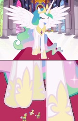 Size: 1197x1859 | Tagged: safe, artist:hereward, edit, princess celestia, alicorn, pony, 1000 hours in ms paint, canterlot castle, hoof shoes, imminent crushing, micro, royal guard, shrunken ponies, throne room, unaware, underhoof, vector, vector edit