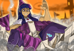 Size: 1840x1273 | Tagged: safe, artist:shonuff44, princess celestia, twilight sparkle, human, canterlot, clothes, destroyed building, destruction, embarrassed, female, giantess, growth, humanized, macro, solo focus, story in the source, story included
