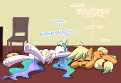 Size: 800x550 | Tagged: safe, artist:reikomuffin, applejack, princess celestia, alicorn, earth pony, pony, on back, sleeping