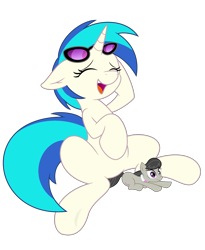 Size: 2000x2440 | Tagged: safe, artist:alexbroanimator, dj pon-3, octavia melody, vinyl scratch, earth pony, pony, unicorn, eyes closed, female, laughing, macro, mare, open mouth, simple background, size difference, transparent background